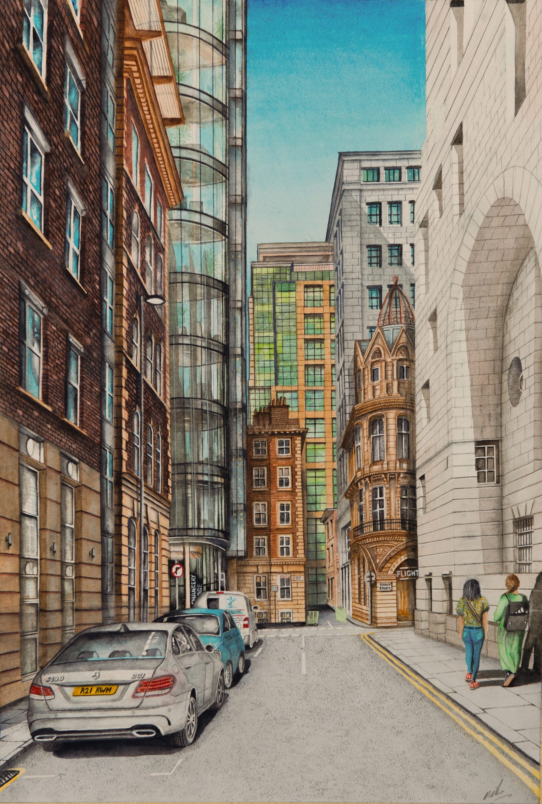 A watercolour of Chancery Lane, central Manchester. United Kingdom