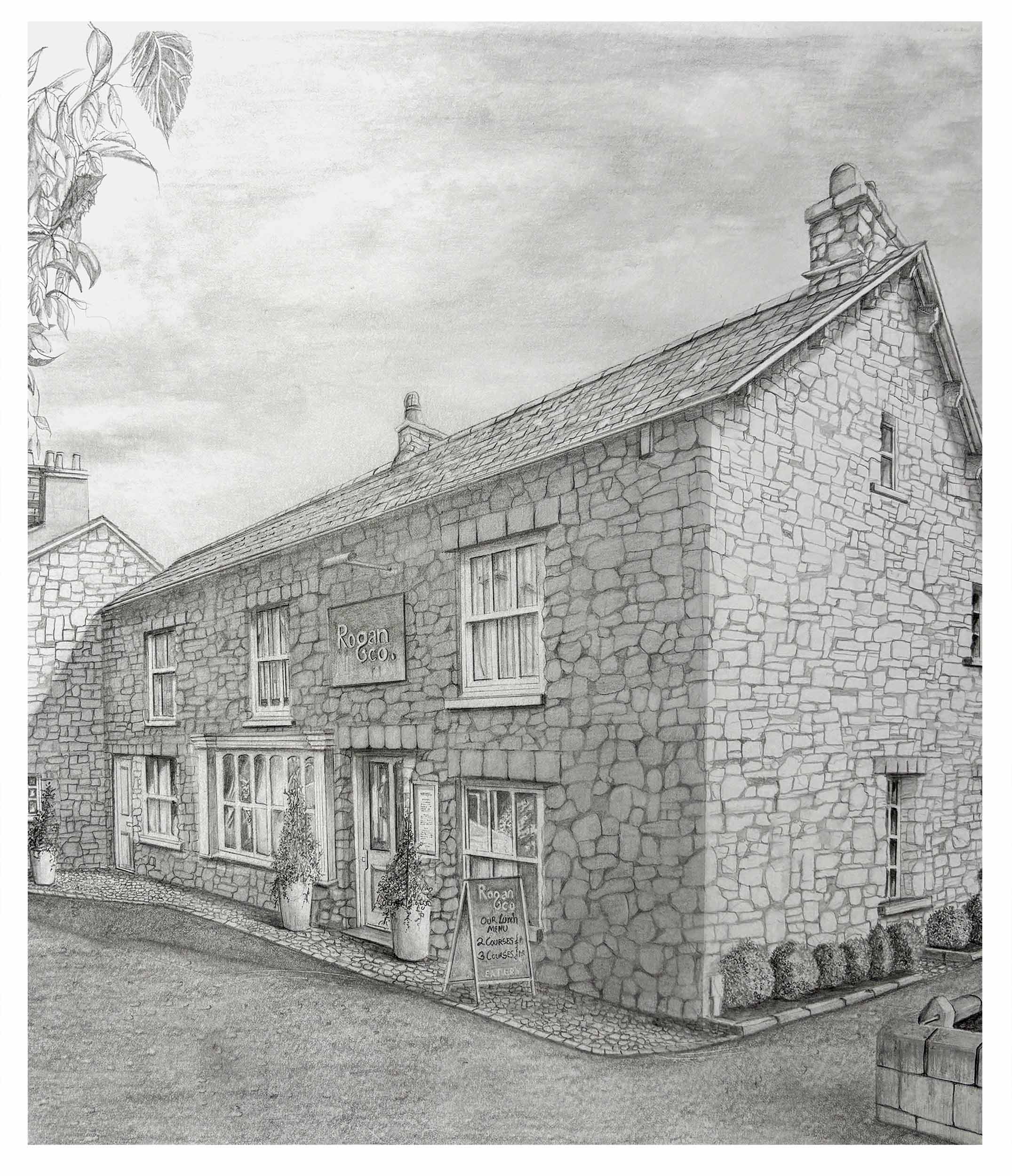 An original pencil study of an Restaurant in Cartmel. The Lake District. Cumbria. UK